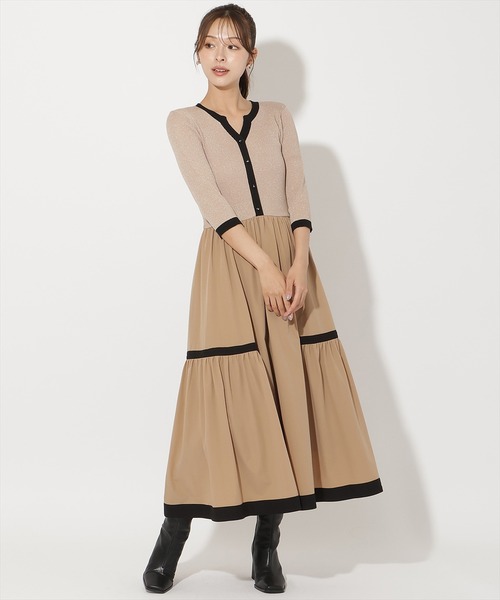 ラメ入り配色カーデ風ドッキングワンピース（ワンピース）｜AND