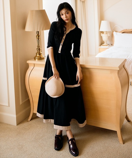 ラメ入り配色カーデ風ドッキングワンピース（ワンピース）｜AND