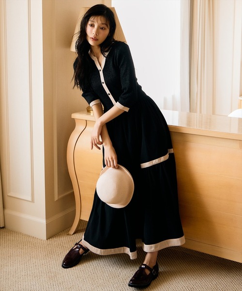 ラメ入り配色カーデ風ドッキングワンピース ラメ入り配色カーデ風ドッキングワンピース（ワンピース）｜AND