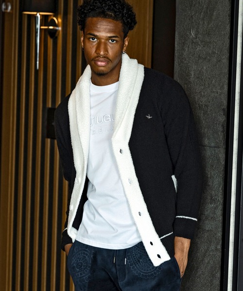 1PIU1UGUALE3  RELAX （ウノピゥウノウグァーレトレ リラックス）の「1PIU1UGUALE3 RELAX(ウノピゥウノウグァーレトレ リラックス)バイカラー ショールカラー ニットカーディガン(保温性/伸縮性)（カーディガン/ボレロ・メンズ・グレー/ブラック・M/L/XL/S）」の2枚目の写真