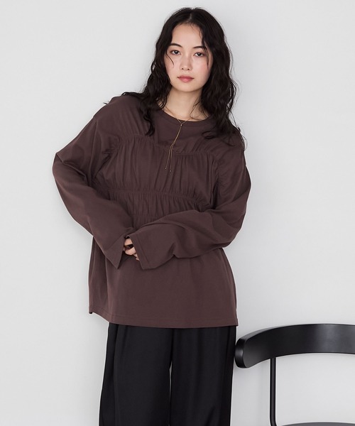 forksy.】ビスチェデザインギャザーロングスリーブTシャツ forksy