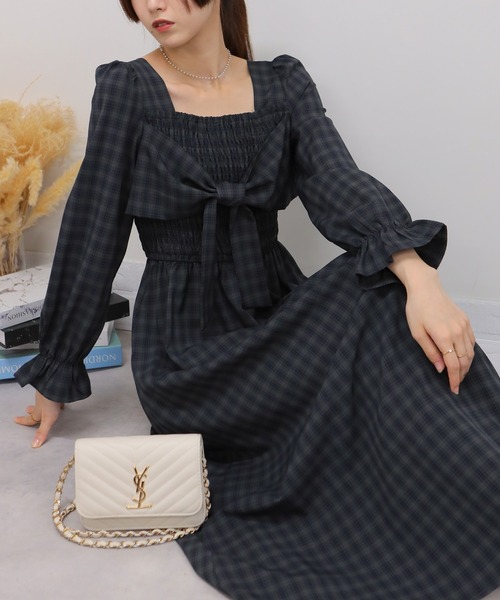 ワンピース JM 2023 ss op セール】リボンポイント チェック柄 シャーリングデザイン 長袖ロング