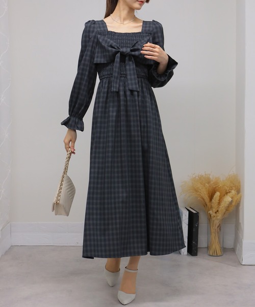 セール】リボンポイント チェック柄 シャーリングデザイン 長袖ロング