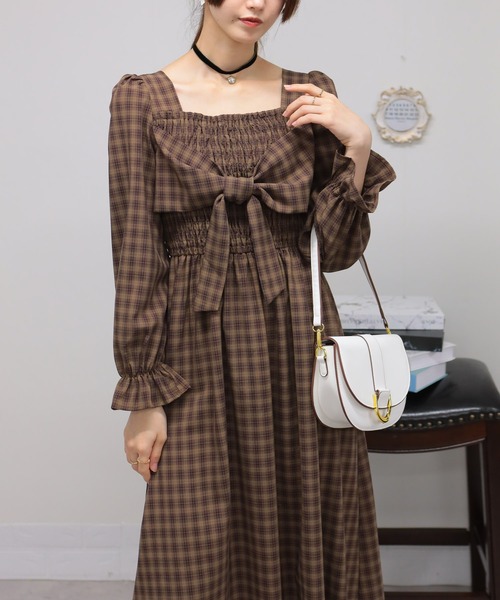 セール】リボンポイント チェック柄 シャーリングデザイン 長袖ロング