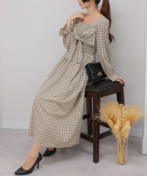 セール】リボンポイント チェック柄 シャーリングデザイン 長袖ロング