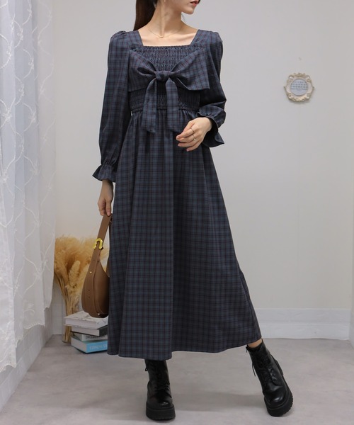 セール】リボンポイント チェック柄 シャーリングデザイン 長袖ロング