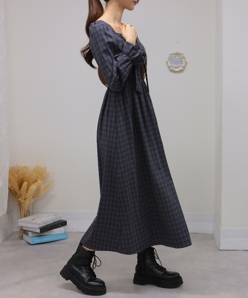 セール】リボンポイント チェック柄 シャーリングデザイン 長袖ロング