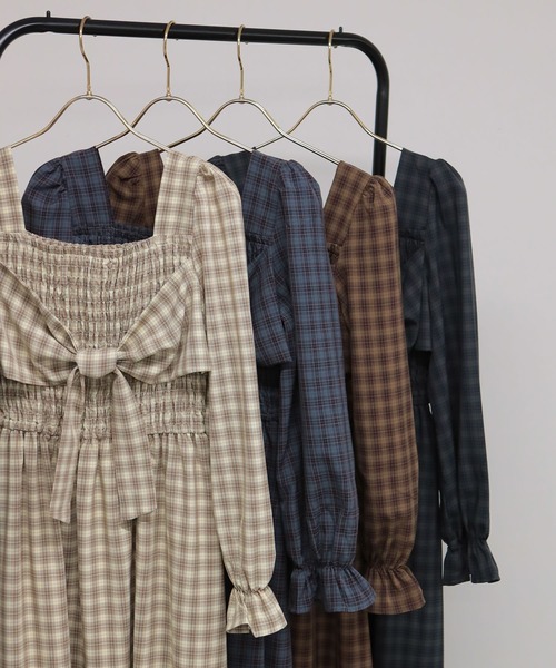 セール】リボンポイント チェック柄 シャーリングデザイン 長袖ロング