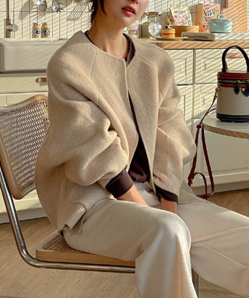 セール】ノーカラー ウールタッチ ニットアウター（ブルゾン）｜VIVID