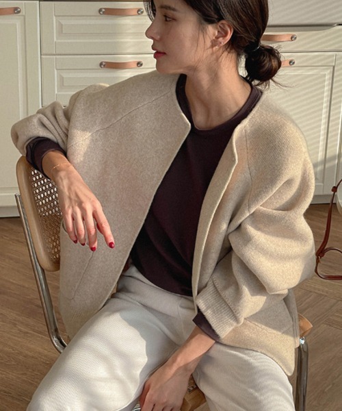 セール】ノーカラー ウールタッチ ニットアウター（ブルゾン）｜VIVID