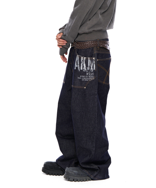 セール】Out Pocket Printed Denim Pants (Dark Blue)（デニムパンツ