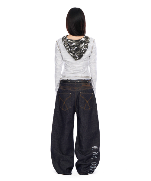 セール】Out Pocket Printed Denim Pants (Dark Blue)（デニムパンツ