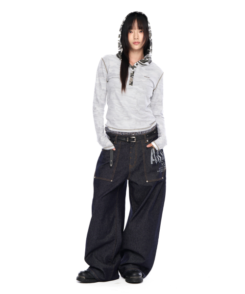 セール】Out Pocket Printed Denim Pants (Dark Blue)（デニムパンツ