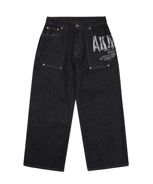 セール】Out Pocket Printed Denim Pants (Dark Blue)（デニムパンツ