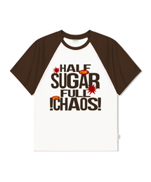 ハーフシュガーフルカオスプリントラグラン配色半袖Tシャツブラウン