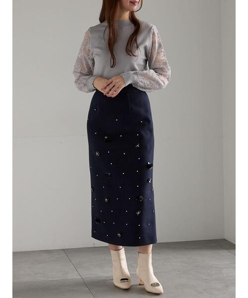 Te chichi(テチチ)の「ビジューデザインナロースカート《2025winter catalog item》(スカート・レディース・ネイビー/モカ・F)」の10枚目の写真