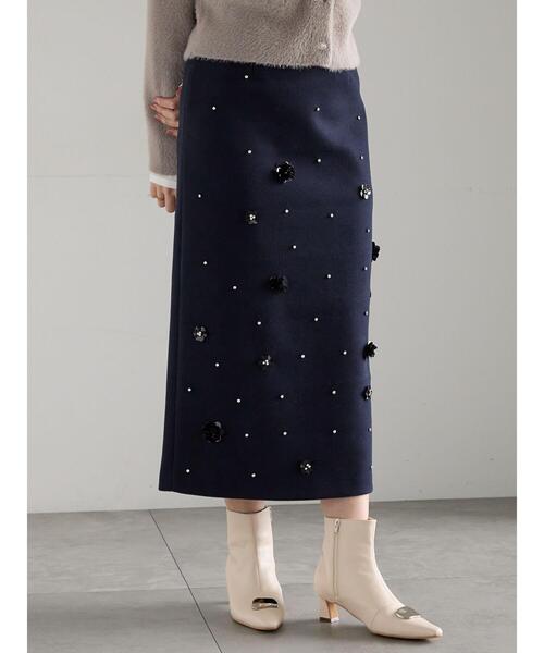 Te chichi(テチチ)の「ビジューデザインナロースカート《2025winter catalog item》(スカート・レディース・ネイビー/モカ・F)」の15枚目の写真