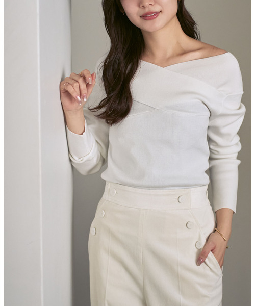 Noble（ノーブル）の「クロスリブオフショルダーニット（ニット/セーター・レディース・ブラック/A/ホワイト・FREE）」の2枚目の写真