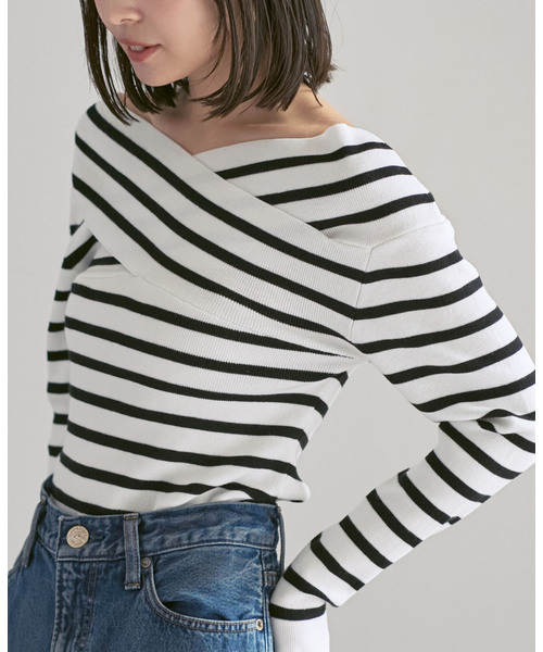 Noble（ノーブル）の「クロスリブオフショルダーニット（ニット/セーター・レディース・ブラック/A/ホワイト・FREE）」の9枚目の写真