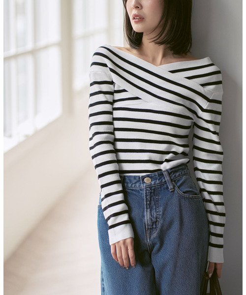 Noble（ノーブル）の「クロスリブオフショルダーニット（ニット/セーター・レディース・ブラック/A/ホワイト・FREE）」の10枚目の写真