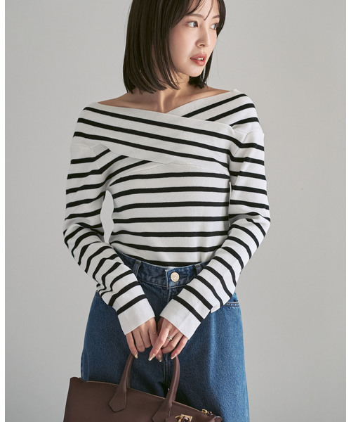 Noble（ノーブル）の「クロスリブオフショルダーニット（ニット/セーター・レディース・ブラック/A/ホワイト・FREE）」の13枚目の写真