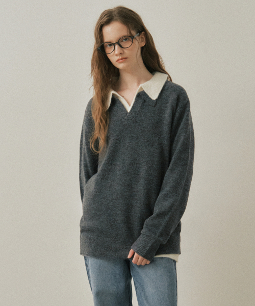 WEDNESDAYOASISFORWOMEN（ウェンズデー オアシス フォー ウーマン）の「W/アッシュオープンカラーウールニット_CHARCOAL(WC25-KN82)（ニット/セーター・レディース・チャコール・MEDIUM/LARGE）」の2枚目の写真