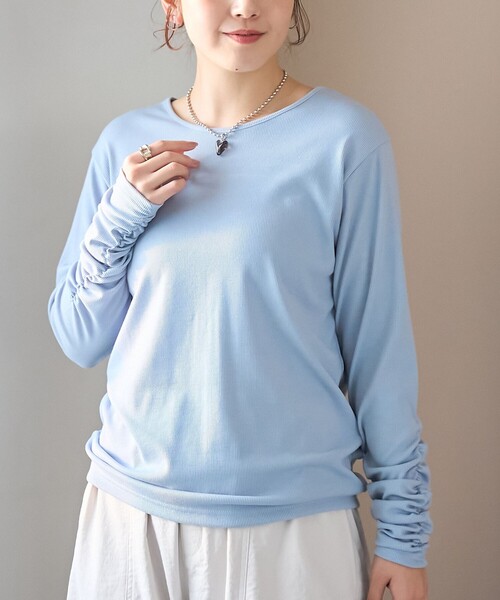 coen(コーエン)の「袖くしゅテレコカットソー(Tシャツ/カットソー・レディース・ライトブルー/ブラック/オフホワイト・L/M)」の1枚目の写真
