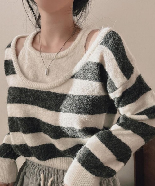 MAISON DE THERESE(メゾン ド テレーズ)の「フェイクレーヤード ふんわりボーダーニット(ニット/セーター・レディース・ホワイト/レッド/グレー・FREE)」の7枚目の写真