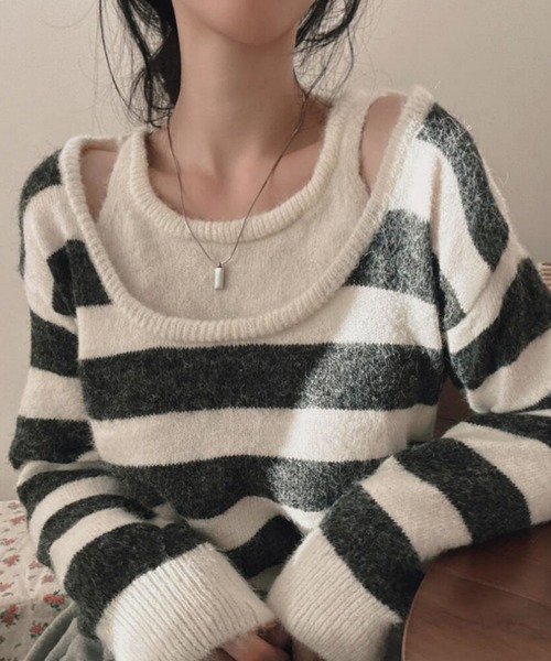MAISON DE THERESE(メゾン ド テレーズ)の「フェイクレーヤード ふんわりボーダーニット(ニット/セーター・レディース・ホワイト/レッド/グレー・FREE)」の8枚目の写真
