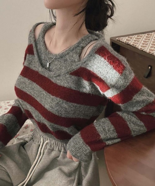 MAISON DE THERESE(メゾン ド テレーズ)の「フェイクレーヤード ふんわりボーダーニット(ニット/セーター・レディース・ホワイト/レッド/グレー・FREE)」の15枚目の写真