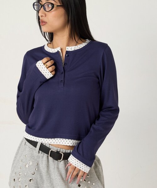 WHO'S WHO gallery（フーズフーギャラリー）の「【WEB限定カラーあり/ドット柄】レイヤードヘンリートップス（Tシャツ/カットソー・レディース・ピンク/ネイビー/ブルー系その他/イエロー/アイボリー/グレー系その他/イエロー系その他/ピンク系その他/ブラック系その他・FREE）」の5枚目の写真