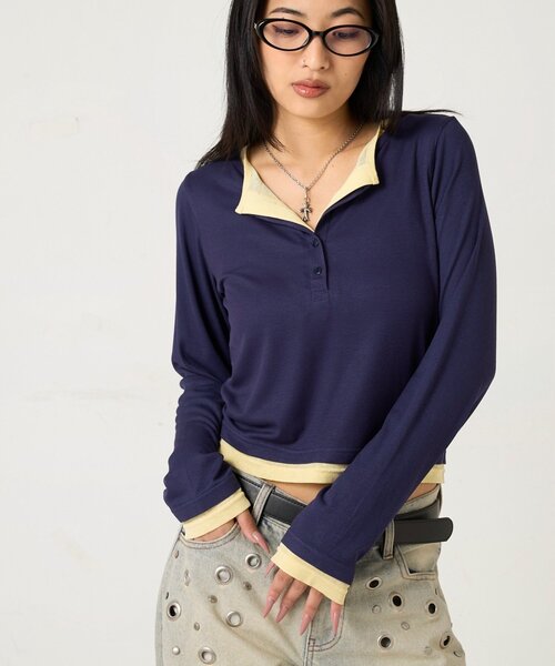 WHO'S WHO gallery（フーズフーギャラリー）の「【WEB限定カラーあり/ドット柄】レイヤードヘンリートップス（Tシャツ/カットソー・レディース・ピンク/ネイビー/ブルー系その他/イエロー/アイボリー/グレー系その他/イエロー系その他/ピンク系その他/ブラック系その他・FREE）」の4枚目の写真