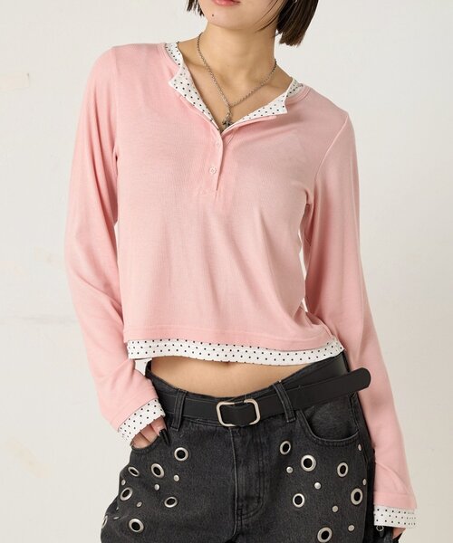 WHO'S WHO gallery（フーズフーギャラリー）の「【WEB限定カラーあり/ドット柄】レイヤードヘンリートップス（Tシャツ/カットソー・レディース・ピンク/ネイビー/ブルー系その他/イエロー/アイボリー/グレー系その他/イエロー系その他/ピンク系その他/ブラック系その他・FREE）」の9枚目の写真