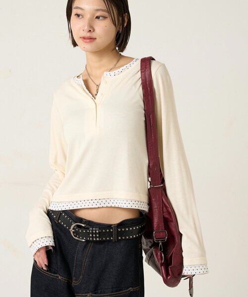 WHO'S WHO gallery(フーズフーギャラリー)の「【WEB限定カラーあり/ドット柄】レイヤードヘンリートップス(Tシャツ/カットソー・レディース・ピンク/ネイビー/ブルー系その他/イエロー/アイボリー/グレー系その他/イエロー系その他/ピンク系その他/ブラック系その他・FREE)」の10枚目の写真