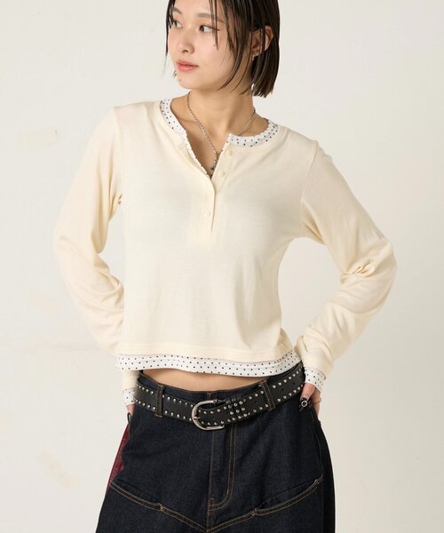WHO'S WHO gallery(フーズフーギャラリー)の「【WEB限定カラーあり/ドット柄】レイヤードヘンリートップス(Tシャツ/カットソー・レディース・ピンク/ネイビー/ブルー系その他/イエロー/アイボリー/グレー系その他/イエロー系その他/ピンク系その他/ブラック系その他・FREE)」の14枚目の写真