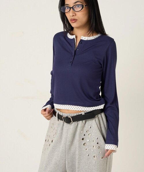 WHO'S WHO gallery（フーズフーギャラリー）の「【WEB限定カラーあり/ドット柄】レイヤードヘンリートップス（Tシャツ/カットソー・レディース・ピンク/ネイビー/ブルー系その他/イエロー/アイボリー/グレー系その他/イエロー系その他/ピンク系その他/ブラック系その他・FREE）」の12枚目の写真