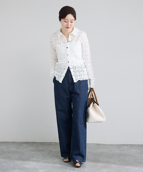 IENA(イエナ)の「《追加》Flowerストレッチレース ポロシャツ(Tシャツ/カットソー・レディース・ブラック/ホワイト・FREE)」の5枚目の写真