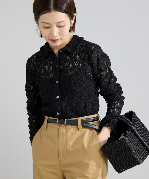 IENA(イエナ)の「《追加》Flowerストレッチレース ポロシャツ(Tシャツ/カットソー・レディース・ブラック/ホワイト・FREE)」の6枚目の写真