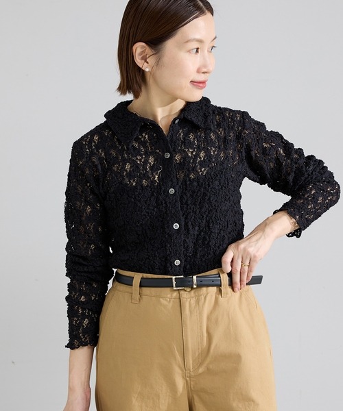 IENA(イエナ)の「《追加》Flowerストレッチレース ポロシャツ(Tシャツ/カットソー・レディース・ブラック/ホワイト・FREE)」の7枚目の写真
