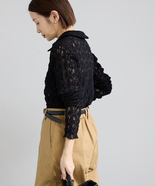 IENA(イエナ)の「《追加》Flowerストレッチレース ポロシャツ(Tシャツ/カットソー・レディース・ブラック/ホワイト・FREE)」の8枚目の写真