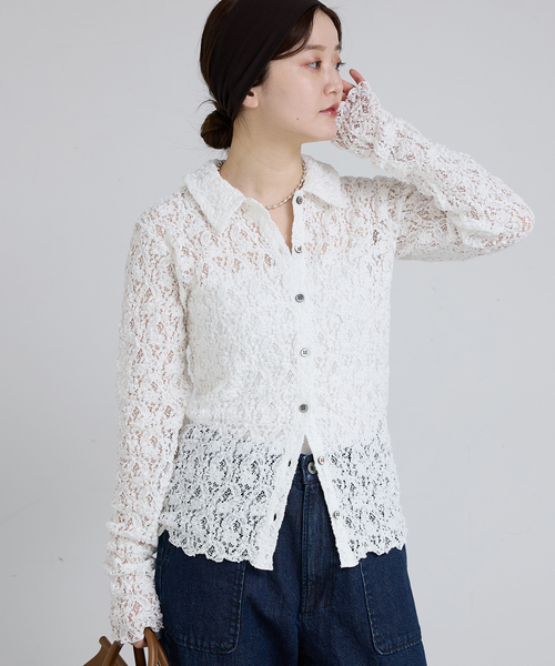 IENA(イエナ)の「《追加》Flowerストレッチレース ポロシャツ(Tシャツ/カットソー・レディース・ブラック/ホワイト・FREE)」の3枚目の写真