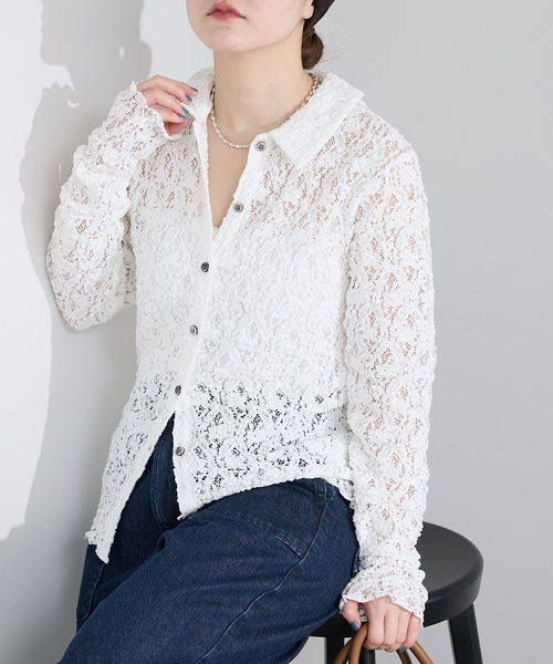 IENA(イエナ)の「《追加》Flowerストレッチレース ポロシャツ(Tシャツ/カットソー・レディース・ブラック/ホワイト・FREE)」の7枚目の写真