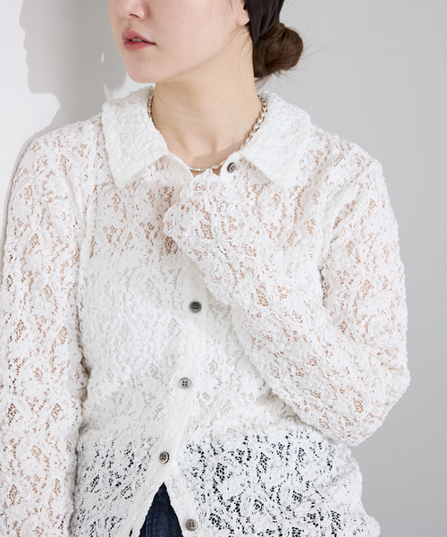 IENA(イエナ)の「《追加》Flowerストレッチレース ポロシャツ(Tシャツ/カットソー・レディース・ブラック/ホワイト・FREE)」の8枚目の写真