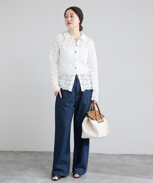 IENA(イエナ)の「《追加》Flowerストレッチレース ポロシャツ(Tシャツ/カットソー・レディース・ブラック/ホワイト・FREE)」の11枚目の写真