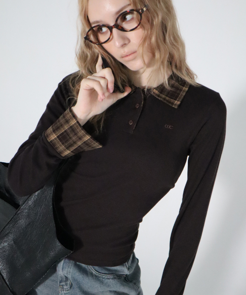 CHICKS(チックス)の「チェックポイントスリムカラー長袖ブラウン(Tシャツ/カットソー・レディース・ブラウン・ONE SIZE)」の2枚目の写真