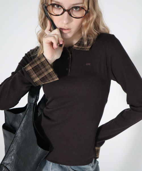 CHICKS(チックス)の「チェックポイントスリムカラー長袖ブラウン(Tシャツ/カットソー・レディース・ブラウン・ONE SIZE)」の3枚目の写真