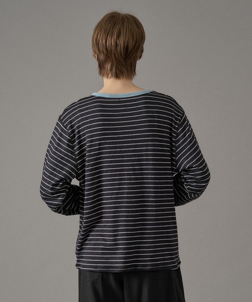 ONCILY(オンシェリー)の「HENLEY NECK BORDER KNIT TEE / ヘンリーネックボーダーニットT(Tシャツ/カットソー・メンズ・オリーブ/ブラック系その他/ネイビー系・MEDIUM/SMALL/LARGE)」の22枚目の写真