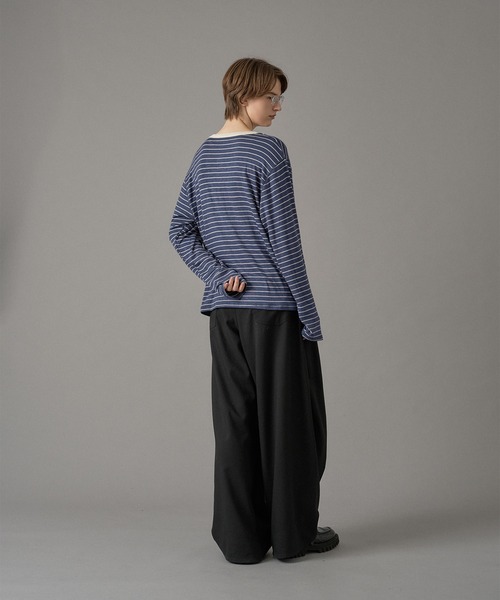 ONCILY(オンシェリー)の「HENLEY NECK BORDER KNIT TEE / ヘンリーネックボーダーニットT(Tシャツ/カットソー・メンズ・オリーブ/ブラック系その他/ネイビー系・MEDIUM/SMALL/LARGE)」の5枚目の写真