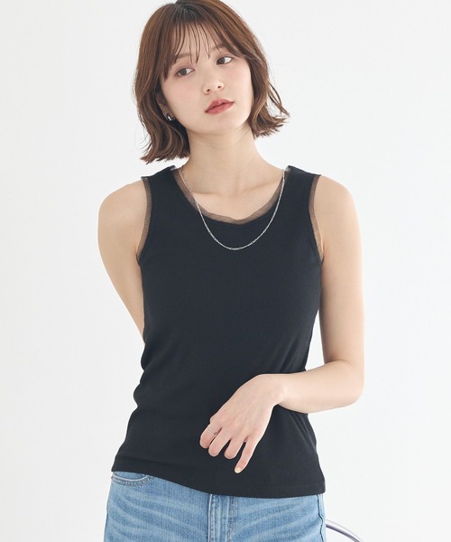 earth music&ecology（アースミュージックアンドエコロジー）の「エッジチュールラメテレコタンクトップ（タンクトップ・レディース・アイボリー/ベージュ/グレー/ブラック・S/M）」の2枚目の写真