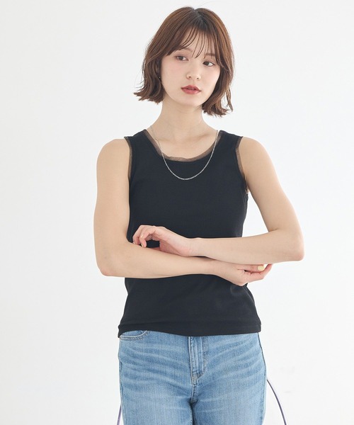 earth music&ecology（アースミュージックアンドエコロジー）の「エッジチュールラメテレコタンクトップ（タンクトップ・レディース・アイボリー/ベージュ/グレー/ブラック・S/M）」の5枚目の写真